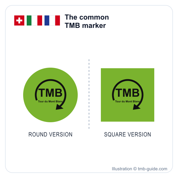 Green TMB logo of the Tour du Mont Blanc, round and square versions - illustration © tmb-guide.com