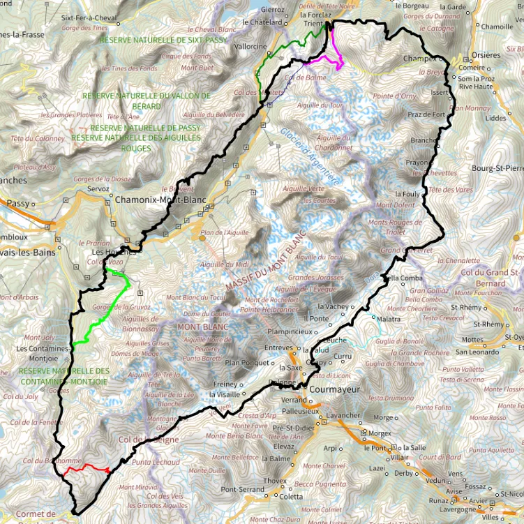 Carte du Tour du Mont Blanc - itinéraire GR à travers la France, l'Italie et la Suisse