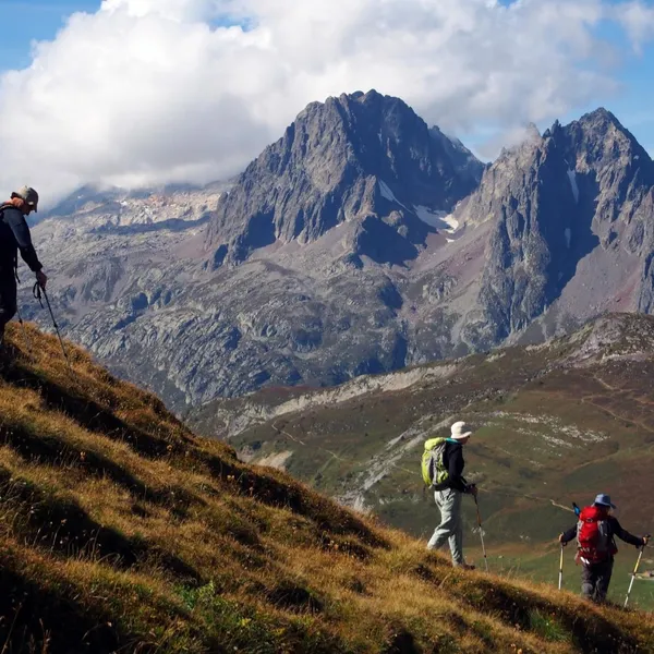 Trois randonneurs avec leurs bâtons dans une descente herbeuse du Tour du Mont-Blanc, sommets rocheux en arrière-plan