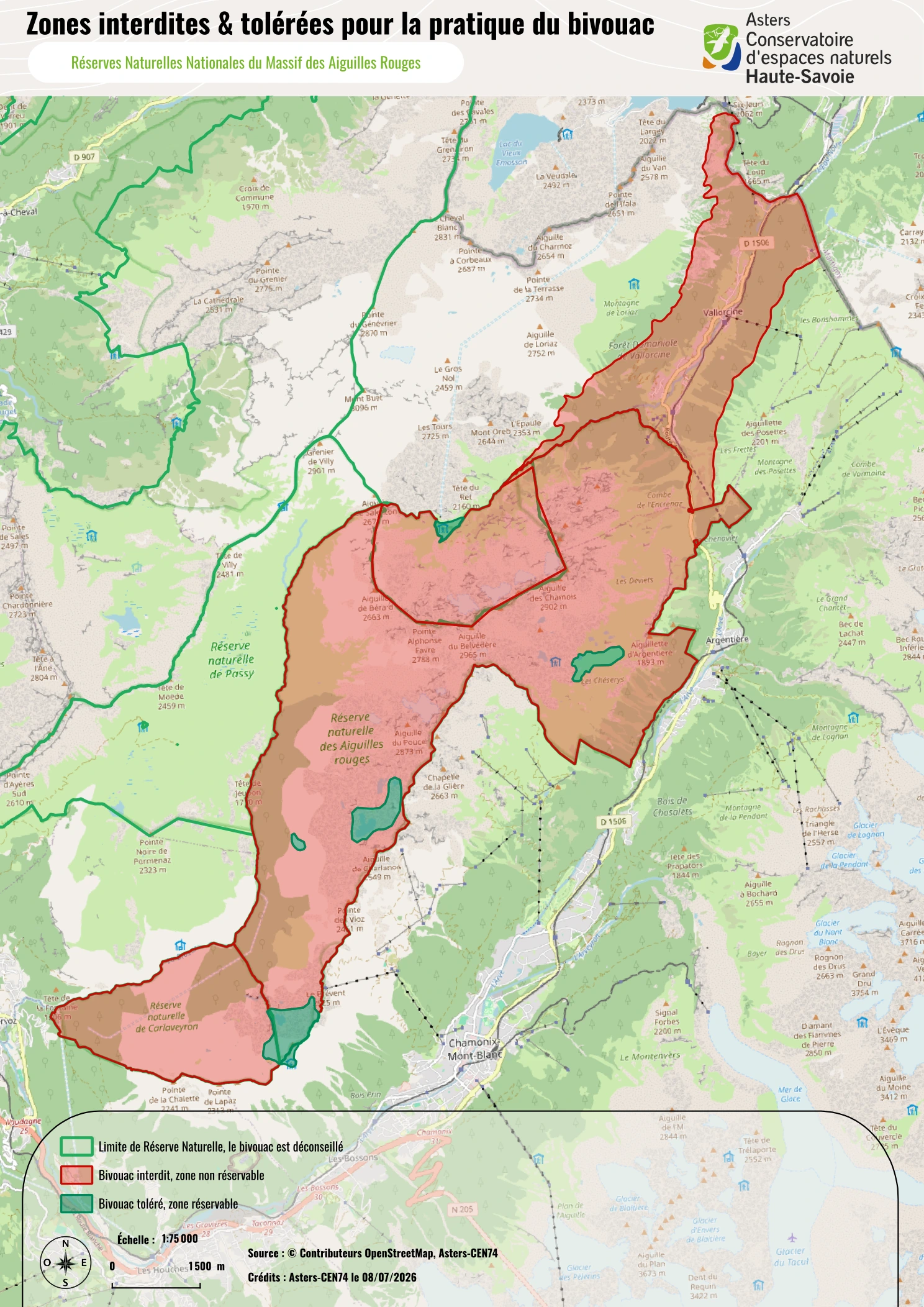 Map of prohibited and tolerated bivouac zones in the Aiguilles Rouges nature reserves, between Les Houches, Chamonix, and Vallorcine