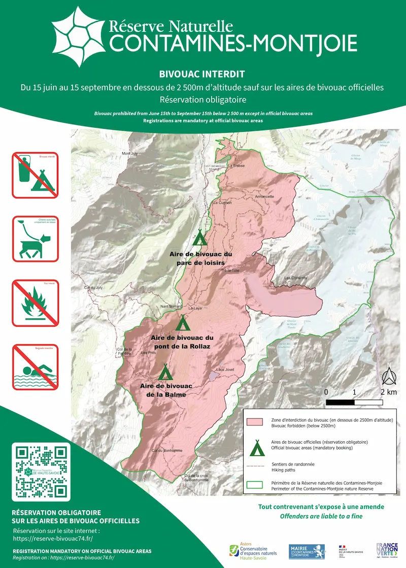 Official map of the bivouac prohibition zone and authorised areas in the Réserve Naturelle des Contamines-Montjoie